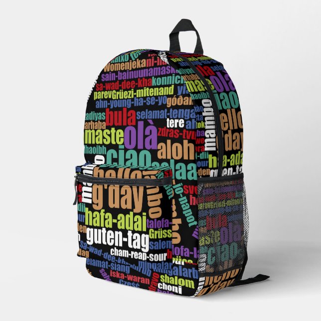 Colourful Hello in Many Languages Word Cloud Printed Backpack (Back Corner Right)