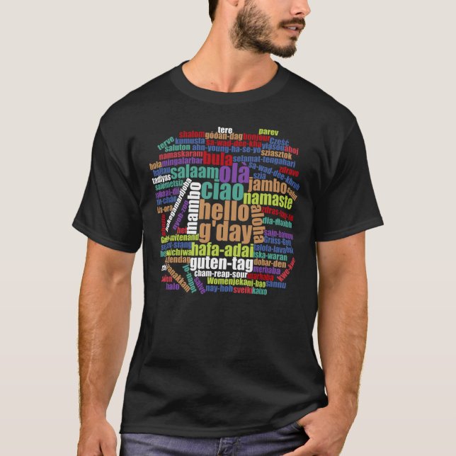 Colourful Hello in Many Languages Word Cloud T-Shirt (Front)