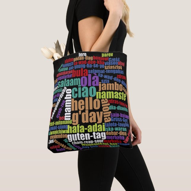 Colourful Hello in Many Languages Word Cloud Tote Bag (Close Up)