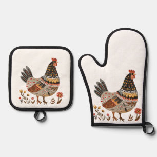 Colourful Hen Scandi Folk Art  Oven Mitt & Pot Holder Set