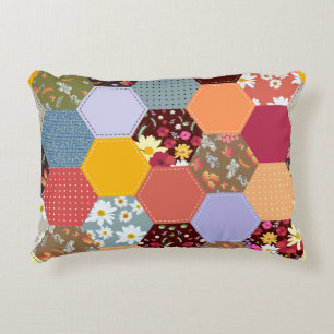 Colourful Hexagon Flowers Quilting Design Accent Pillow