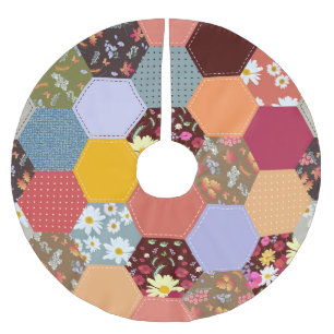 Colourful Hexagon Flowers Quilting Design Brushed Polyester Tree Skirt