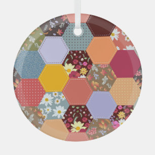 Colourful Hexagon Flowers Quilting Design Glass Ornament