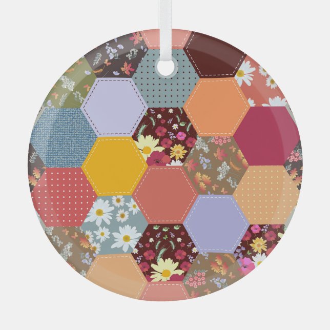 Colourful Hexagon Flowers Quilting Design Glass Ornament (Front)