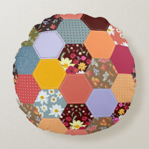 Colourful Hexagon Flowers Quilting Design Round Pillow