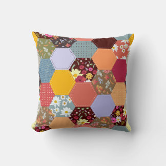 Colourful Hexagon Flowers Quilting Design Throw Pillow