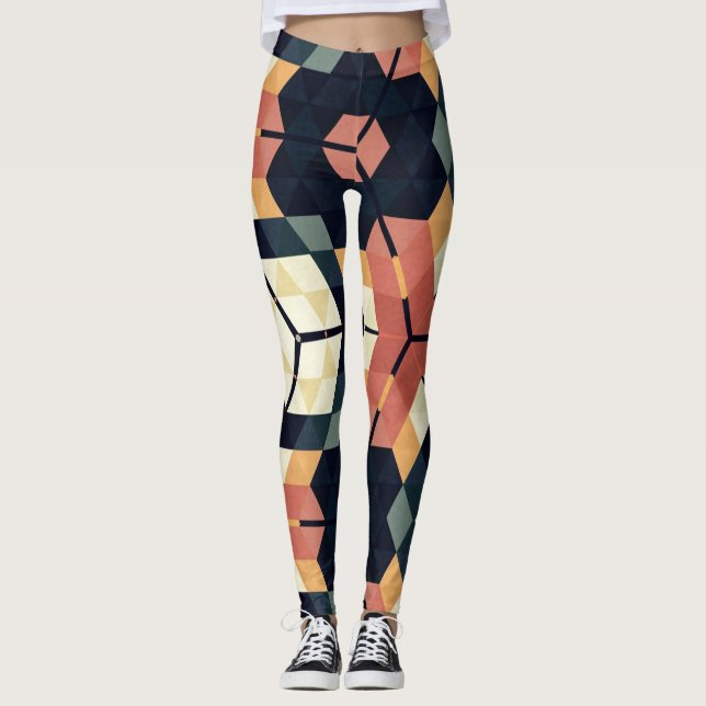 Colourful Hexagon Square Geometric Pattern Leggings (Front)