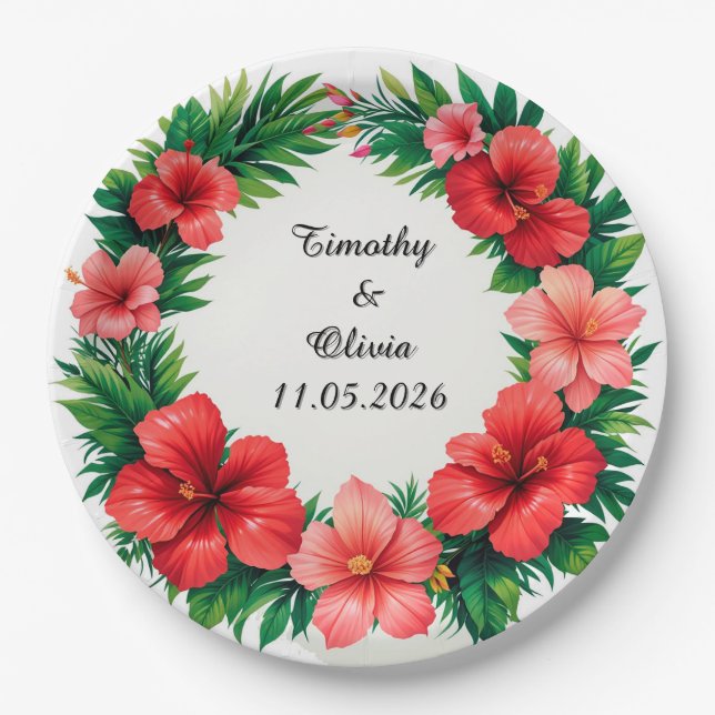 Colourful Hibiscus Floral Frame Paper Plate (Front)