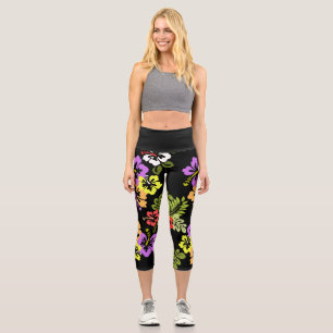 Colourful Hibiscus in Black Capri Leggings