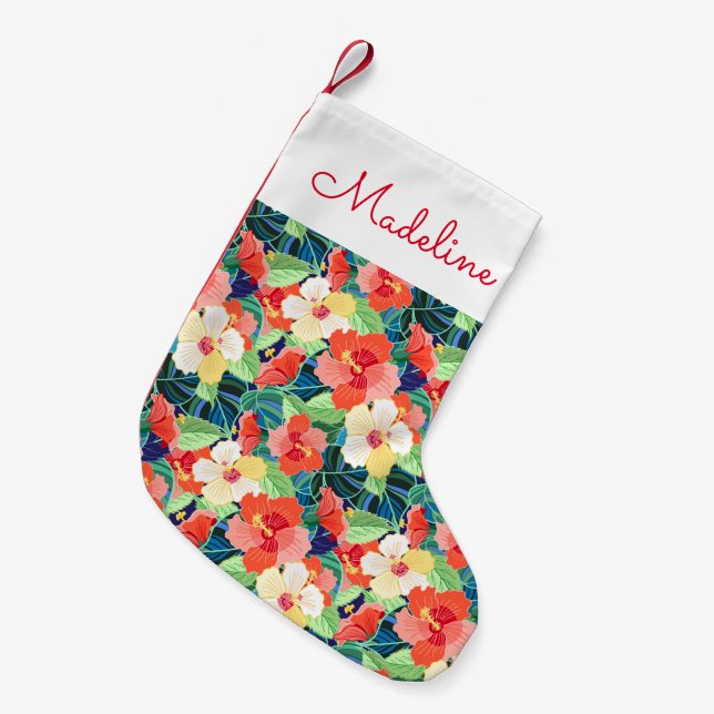 Colourful Hibiscus Pattern | Add Your Name Small Christmas Stocking (Front (Hanging))