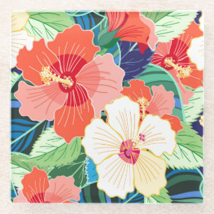 Colourful Hibiscus Pattern Glass Coaster