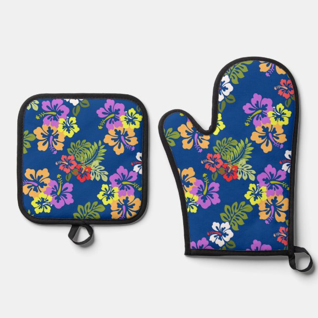 Colourful Hibiscus Pattern in Blue Oven Mitt & Pot Holder Set (Front)