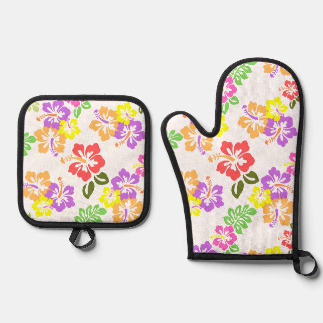 Colourful Hibiscus Pattern in White Oven Mitt & Pot Holder Set (Front)