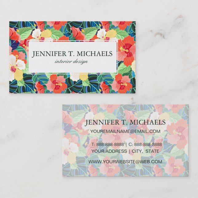 Colourful Hibiscus Pattern | Monogram Business Card (Front/Back)