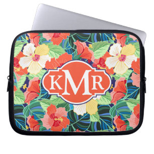 Colourful Hibiscus Pattern   Monogram Laptop Sleeve