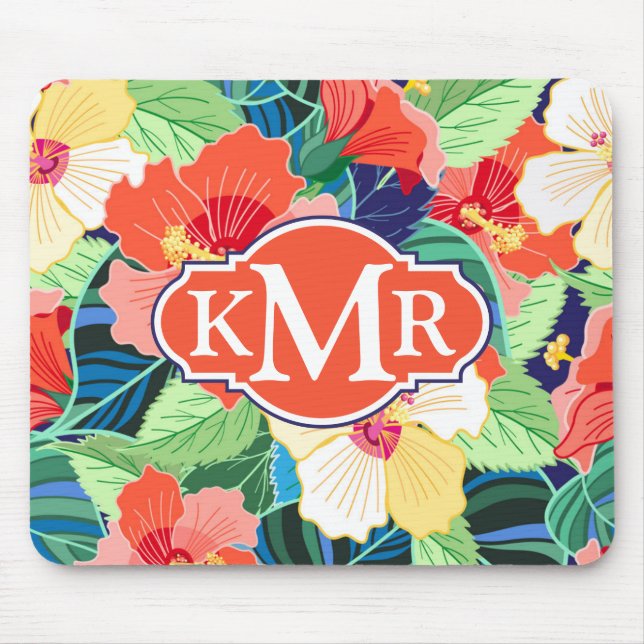 Colourful Hibiscus Pattern | Monogram Mouse Pad (Front)
