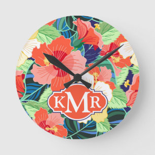 Colourful Hibiscus Pattern Monogram Round Clock