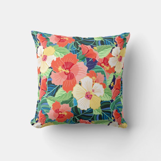 Colourful Hibiscus Pattern | Monogram Throw Pillow (Front)