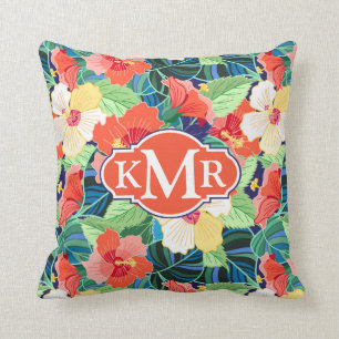 Colourful Hibiscus Pattern   Monogram Throw Pillow