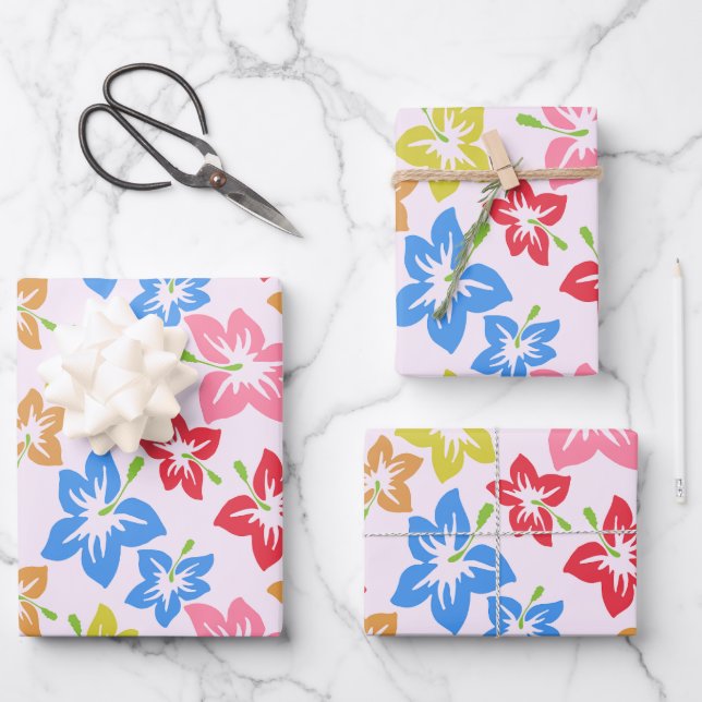 Colourful Hibiscus, Pattern Of Flowers Wrapping Paper Sheet (Front)
