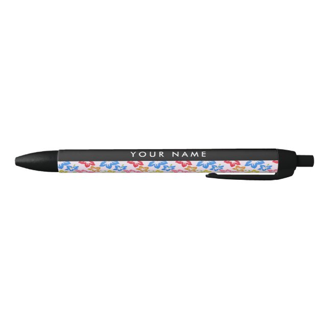 Colourful Hibiscus, Pattern Of Flowers, Your Name Black Ink Pen (Bottom)