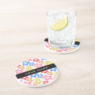 Colourful Hibiscus, Pattern Of Flowers, Your Name Coaster