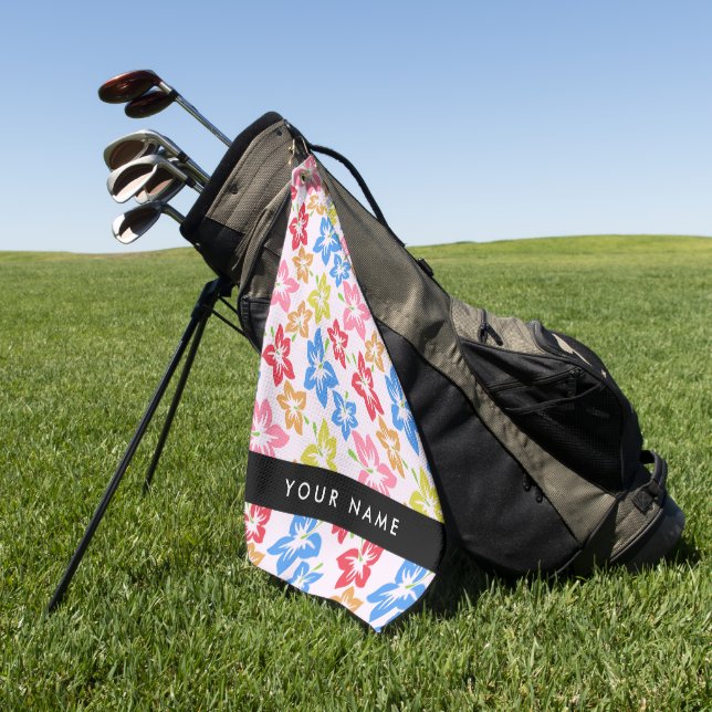 Colourful Hibiscus, Pattern Of Flowers, Your Name Golf Towel (Green)