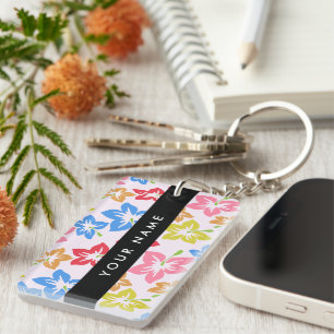 Colourful Hibiscus, Pattern Of Flowers, Your Name Keychain