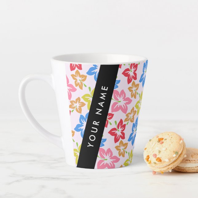 Colourful Hibiscus, Pattern Of Flowers, Your Name Latte Mug (In Situ)