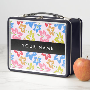 Colourful Hibiscus, Pattern Of Flowers, Your Name Metal Lunch Box