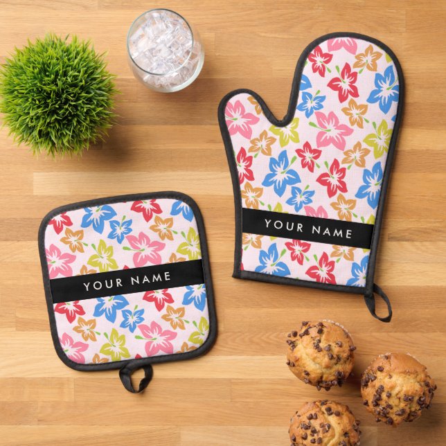 Colourful Hibiscus, Pattern Of Flowers, Your Name Oven Mitt & Pot Holder Set (Top Down)