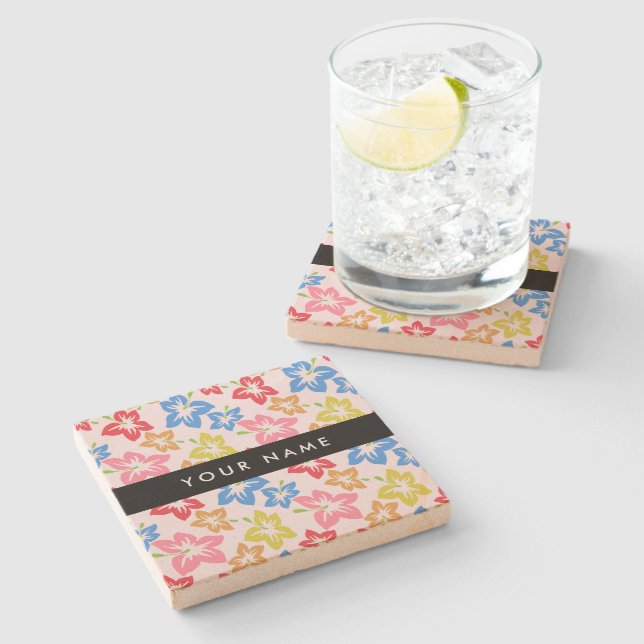 Colourful Hibiscus, Pattern Of Flowers, Your Name Stone Coaster (Side)