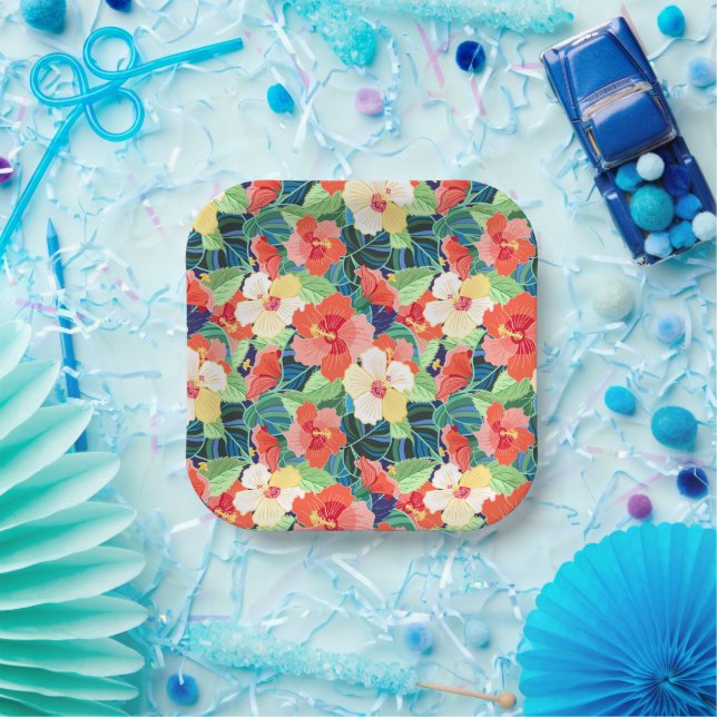 Colourful Hibiscus Pattern Paper Plate (Party)