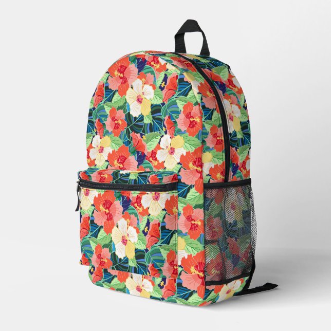 Colourful Hibiscus Pattern Printed Backpack (Back Corner Right)