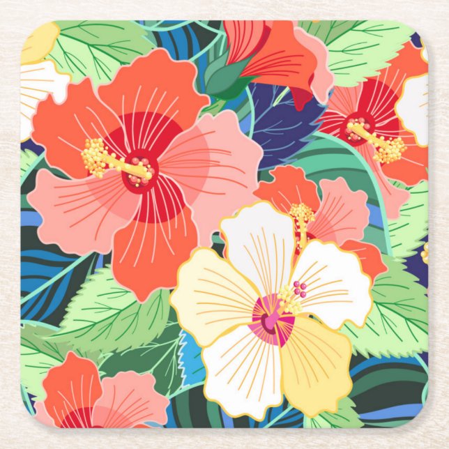 Colourful Hibiscus Pattern Square Paper Coaster (Front)