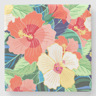 Colourful Hibiscus Pattern Stone Coaster
