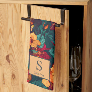 Colourful Hibiscus with Monogram and Name, Floral  Kitchen Towel