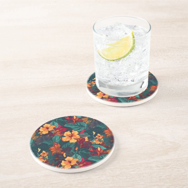 Colourful Hibiscus, Yellow Orange Green Floral Coaster (Side)