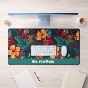 Colourful Hibiscus, Yellow Orange Green Floral Desk Mat