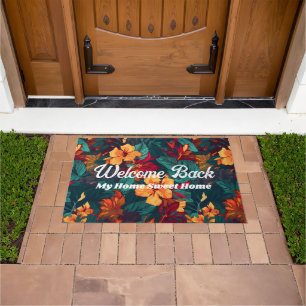 Colourful Hibiscus, Yellow Orange Green Floral Doormat