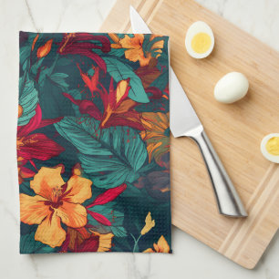 Colourful Hibiscus, Yellow Orange Green Floral Kitchen Towel