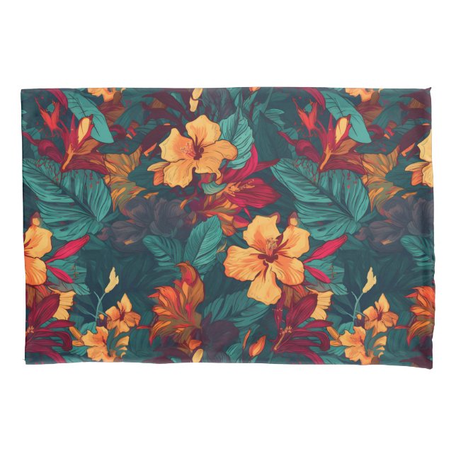 Colourful Hibiscus, Yellow Orange Green Floral Pillowcase (Front)