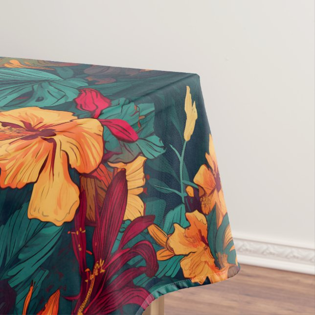 Colourful Hibiscus, Yellow Orange Green Floral Tablecloth (In Situ)