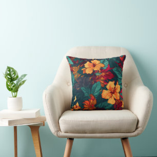 Colourful Hibiscus, Yellow Orange Green Floral Throw Pillow
