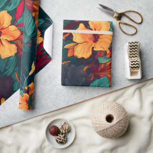 Colourful Hibiscus, Yellow Orange Green Floral Wrapping Paper