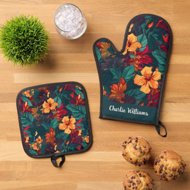 Colourful Hibiscus Yellow Orange Green Oven Mitt & Pot Holder Set (Top Down)