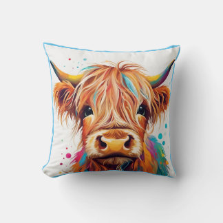 Colourful Highland Cow Calf Throw Pillow