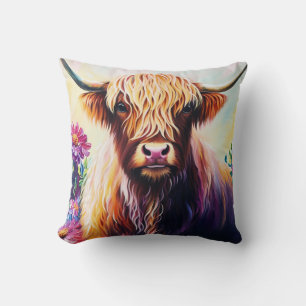 Colourful Highland Cow Floral Art Throw Pillow