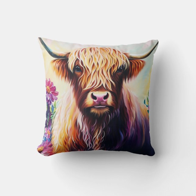 Colourful Highland Cow Floral Art Throw Pillow (Front)