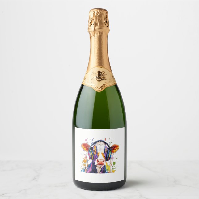 Colourful Highland Cow Sparkling Wine Label (Front)